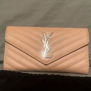Saint Laurent YSL Monogram Wallet Blush Beige w/ Silver Hardware
